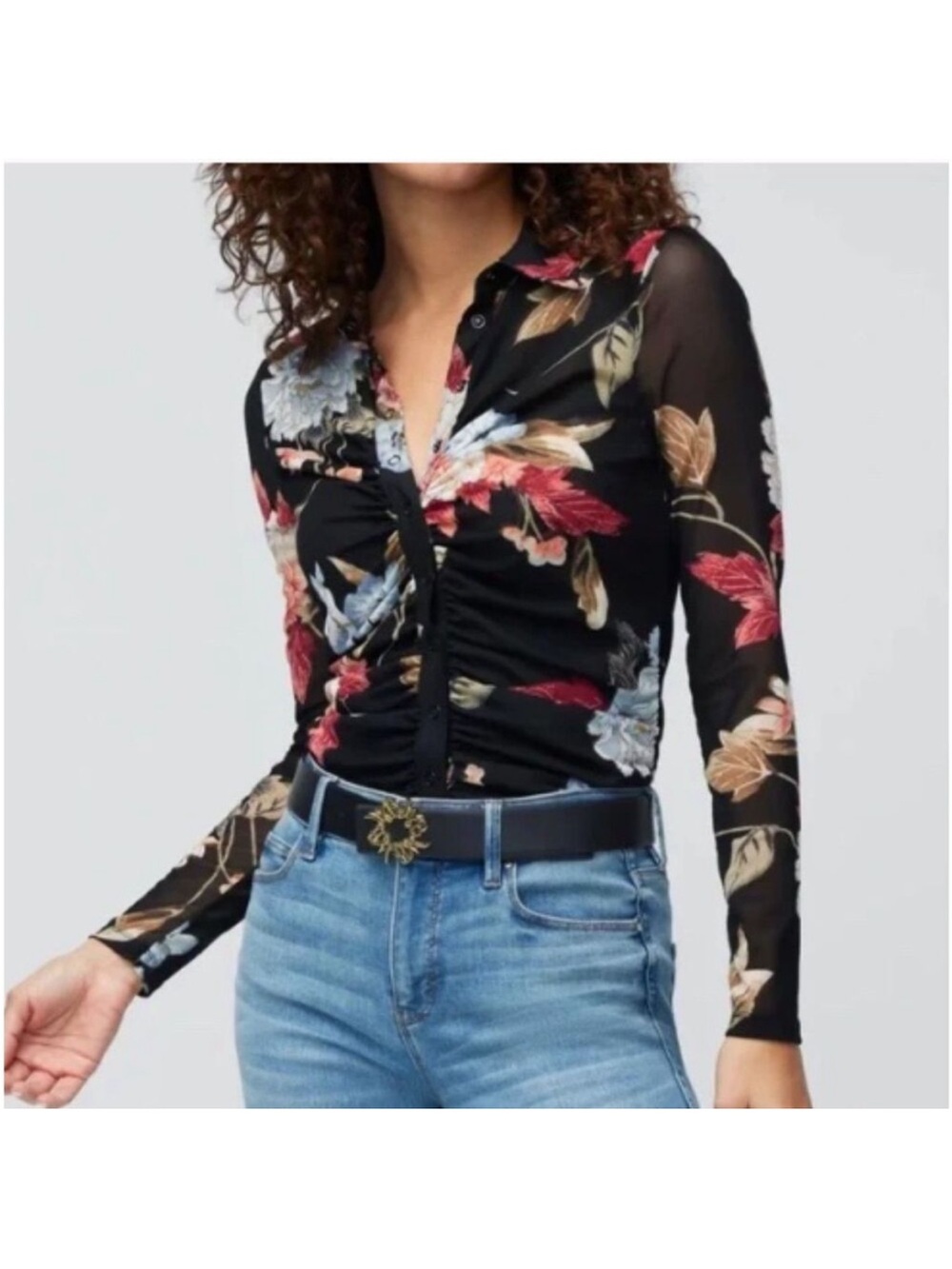 Y2K Like NEW White House Black Market Black Floral Mesh Ruched Long Sleeve Top